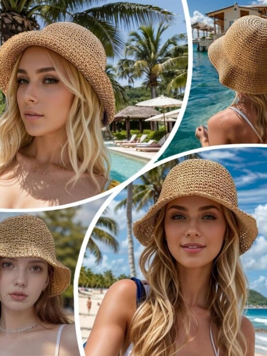 Women Floppy Big Beach Straw Foldable Summer Wide Brim Packable Sun Hat Khaki-5 main image 4